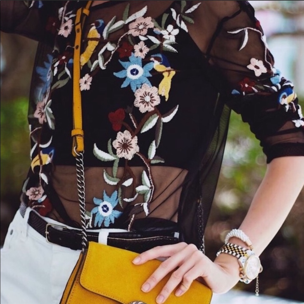 Zara Mesh Floral Embroidered Long Sleeve Top
